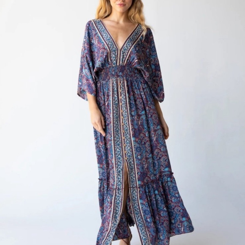 Natural Life Celia Maxi Dress Cranberry/Blue Floral Small NEW!